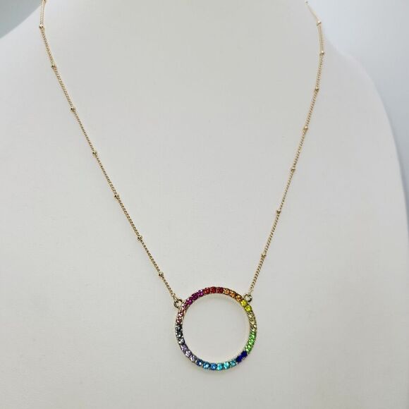 Rainbow Rhinestone Circular Pendant Necklace - Picture 4 of 4